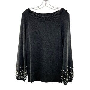 WHBM Women's Boatneck Gray Pullover Sweater Rhinestone Pearl Cuff Size Small